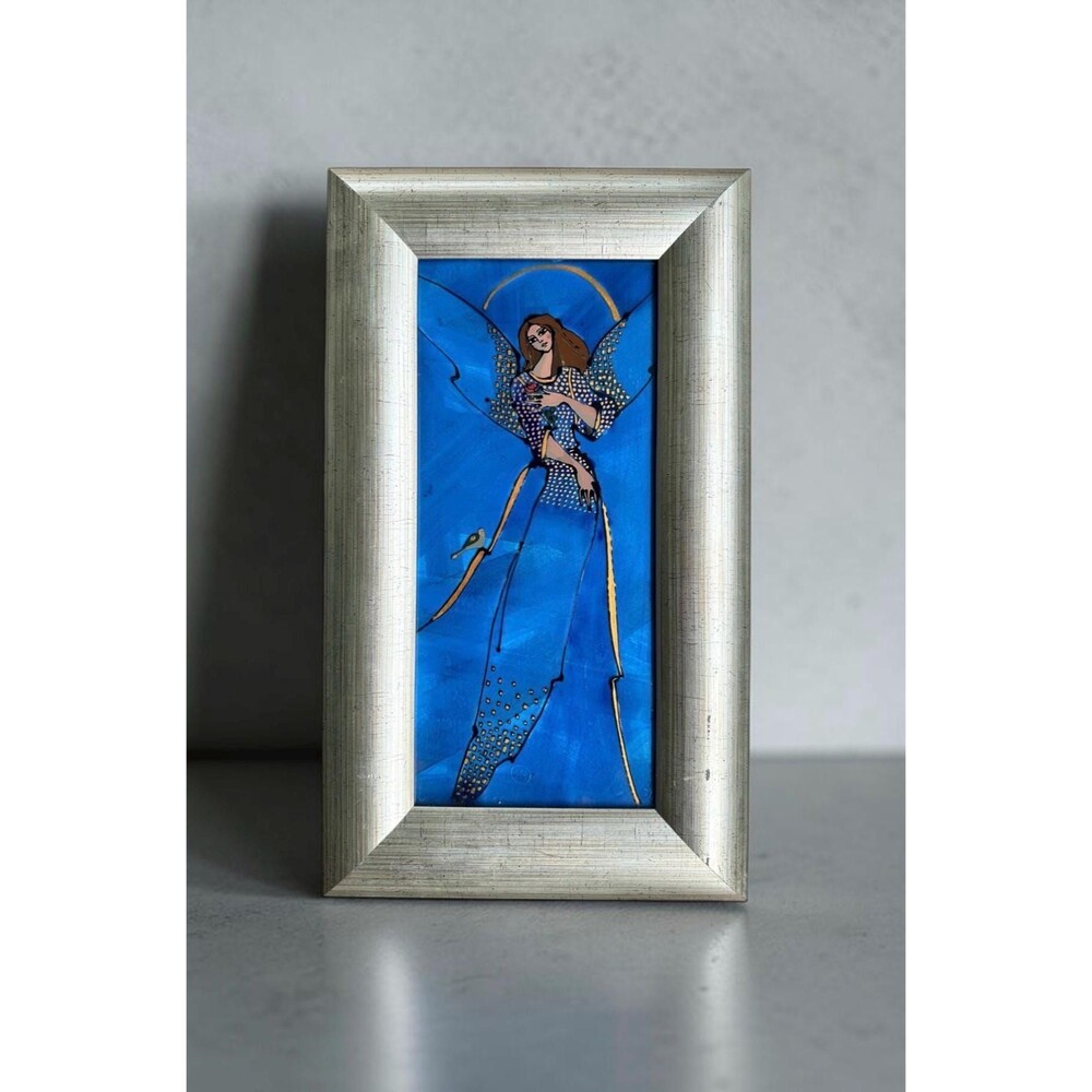 Framed Blue Angel Reverse Glass Wall Art (9.5 x16") Artist Signed Celestial Folk